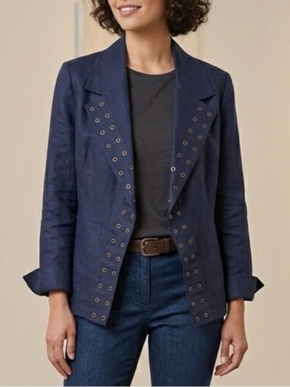 Linda Allard Ellen Tracy Linen Jacket Size 4 Vintage 90s Navy Industrial Chic